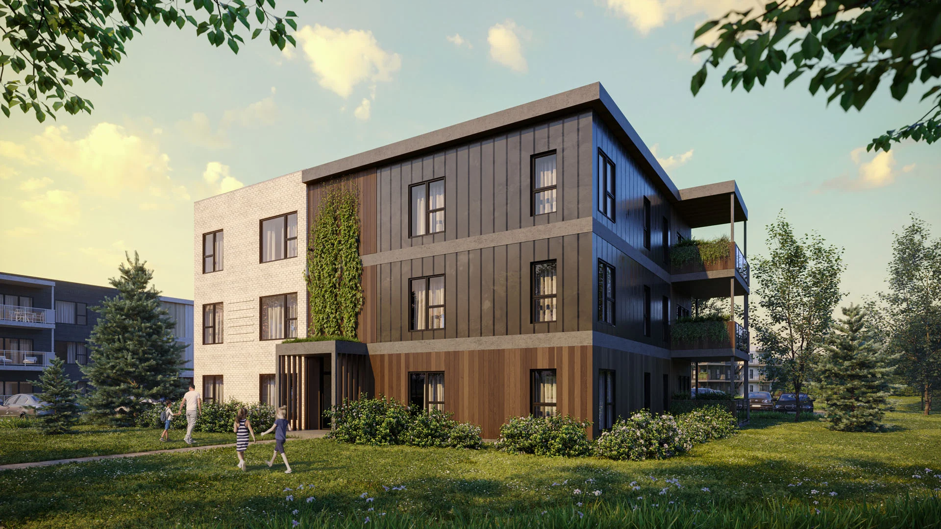 Immeuble de six logements du Quartier Horizon à St-Jean-Chrysostome — architecture contemporaine en bois et charbon sous un ciel dégagé.