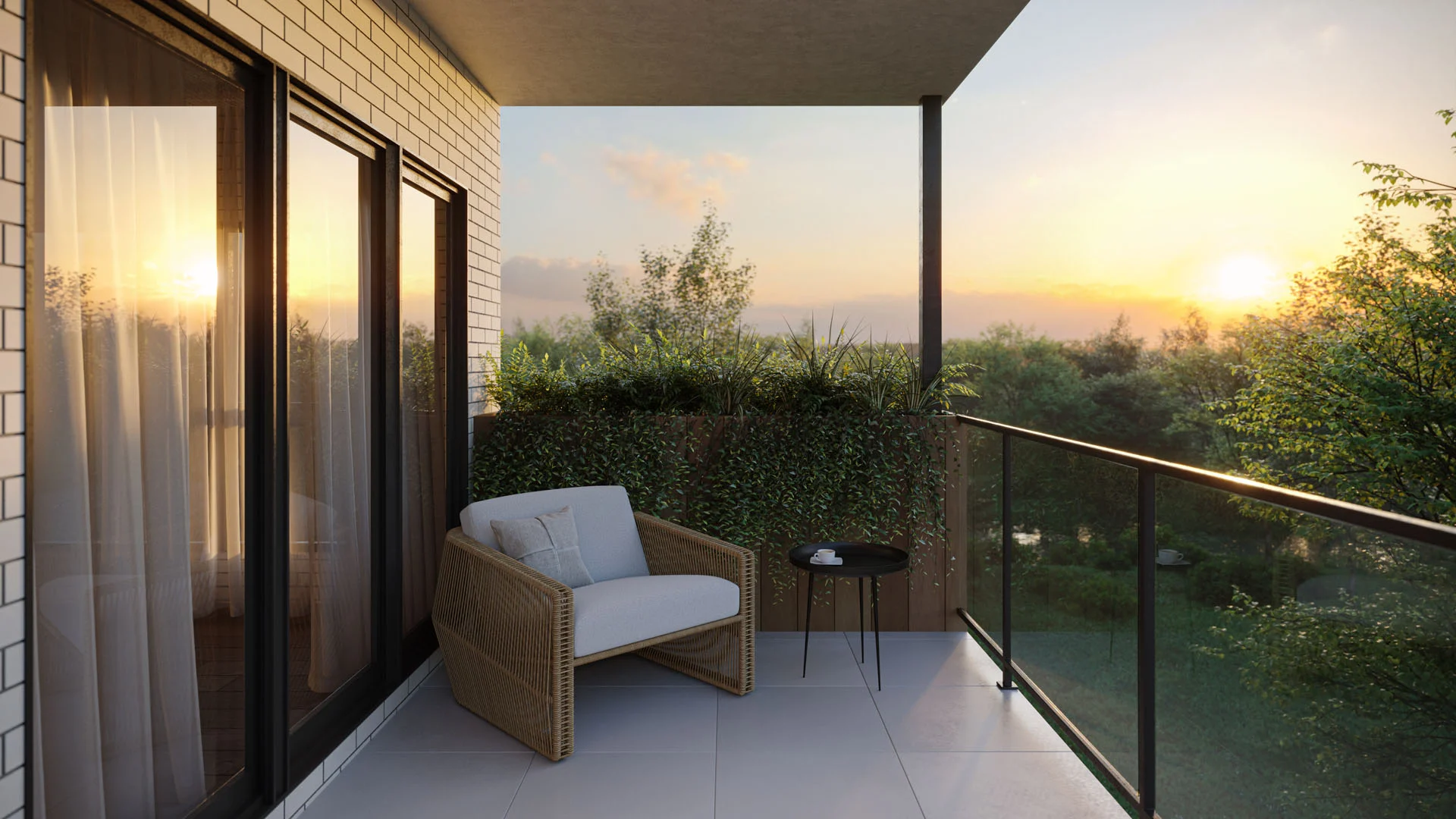 Vue depuis un balcon du Quartier Horizon vers le voisinage au coucher du soleil.