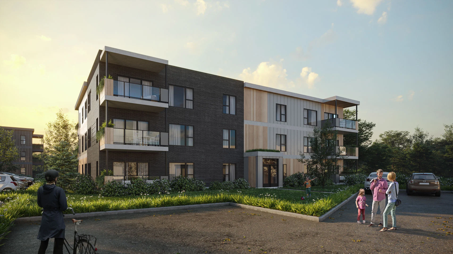 Immeuble de douze logements du Quartier Horizon à l'heure dorée.